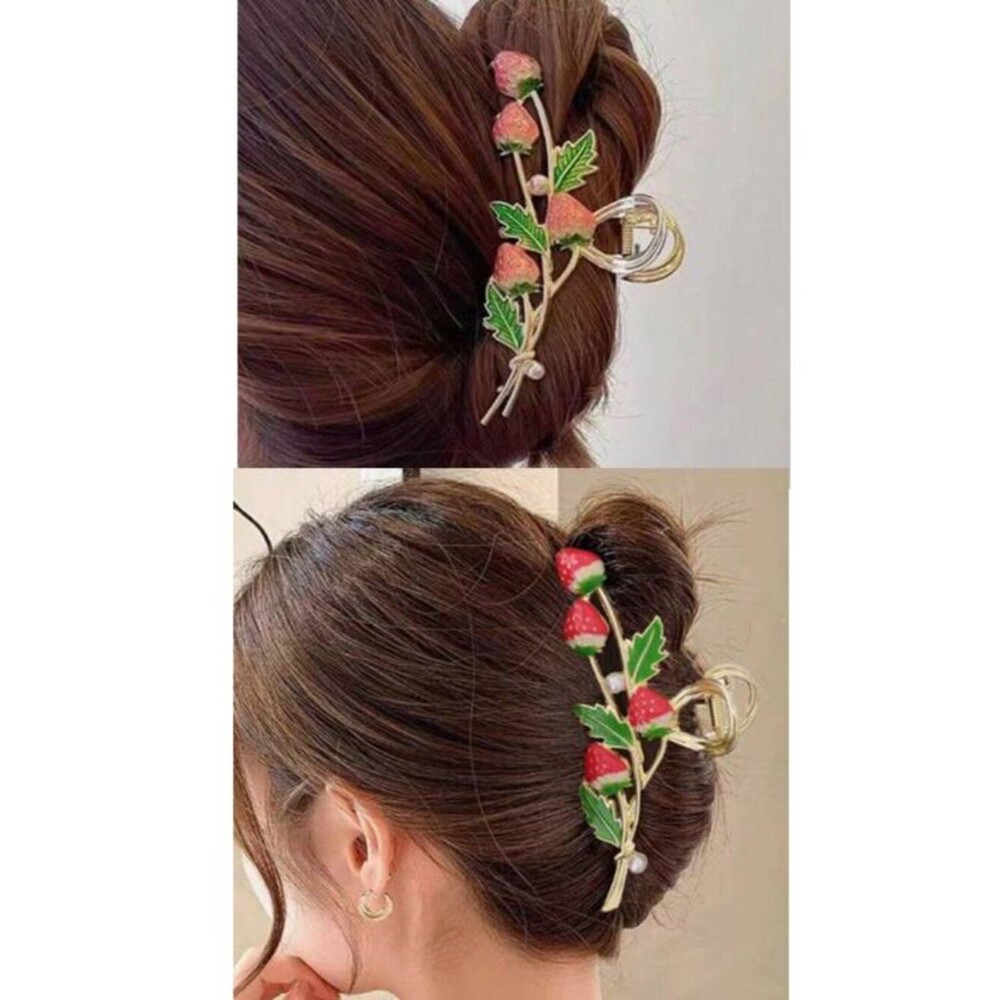 Strawberry Metal Claw Clip Set Pink & Red Elegant Womens Kids Hair Gift Set of 2